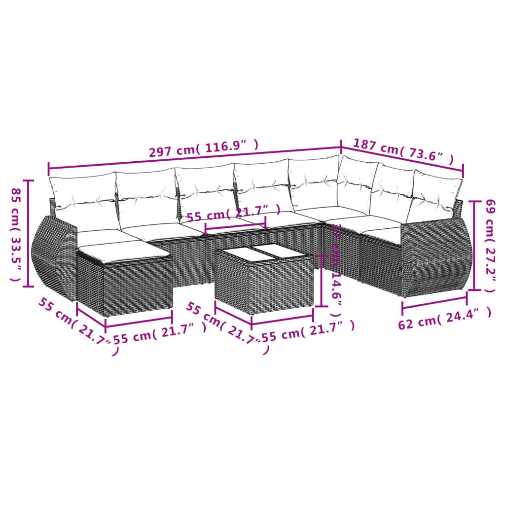9-delige Loungeset met kussens poly rattan lichtgrijs