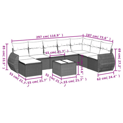 9-delige Loungeset met kussens poly rattan lichtgrijs