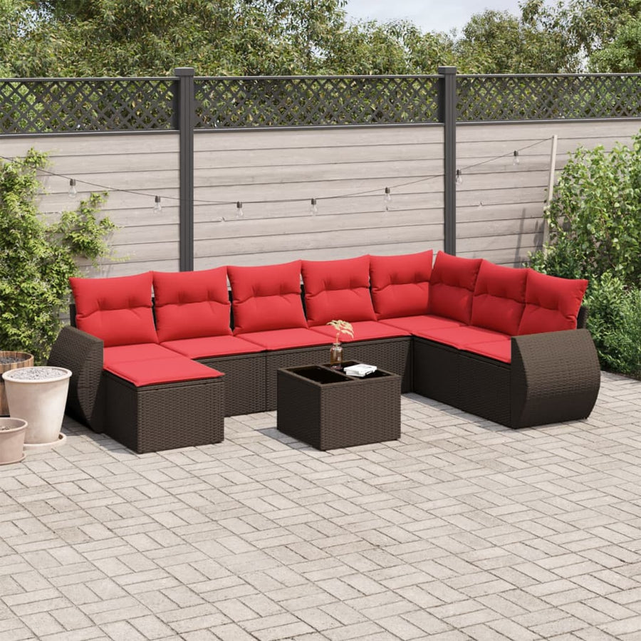 9-delige tuinbankset met kussens, bruin polyrotan
