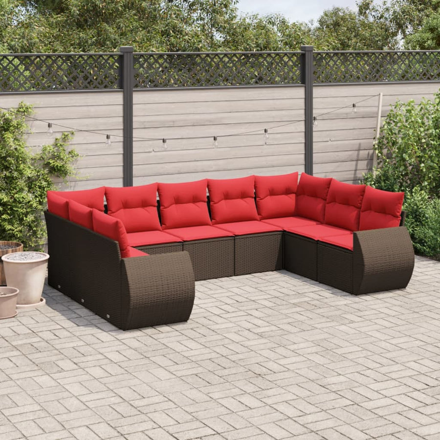 9-delige tuinbankset met kussens, bruin polyrotan