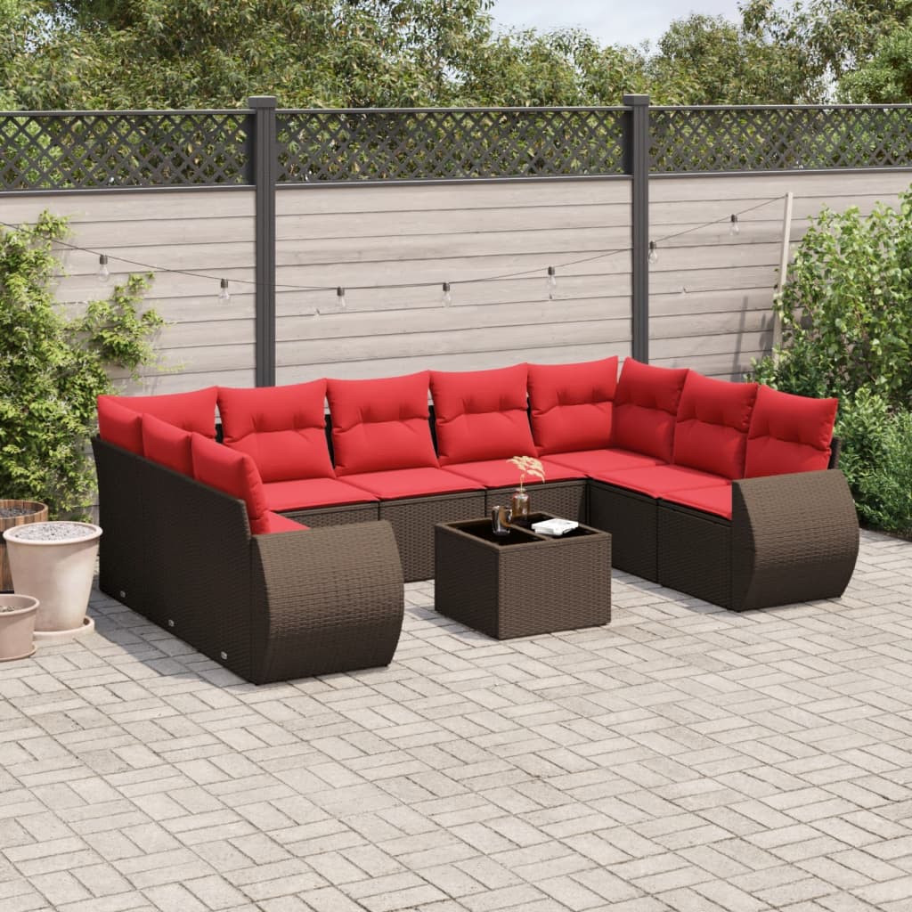 10-delige tuinbankset met kussens, bruin polyrotan