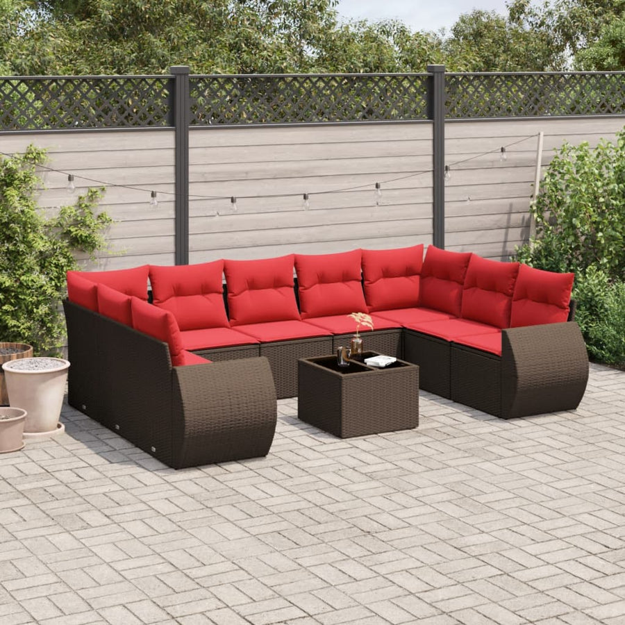 10-delige tuinbankset met kussens, bruin polyrotan