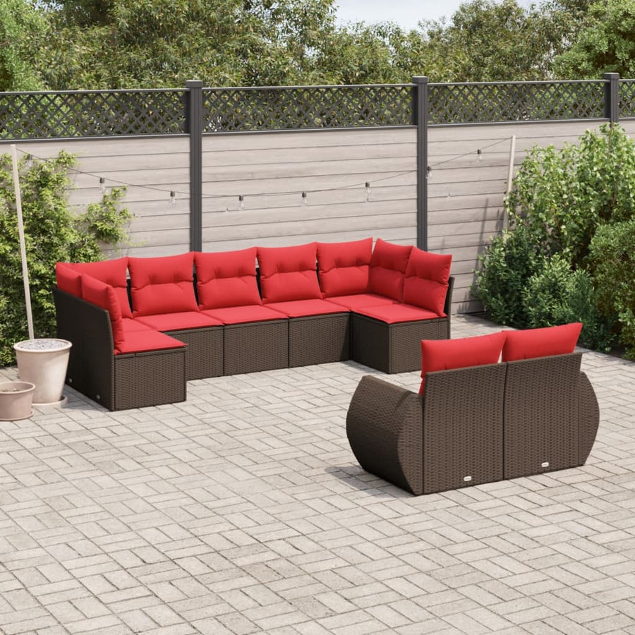9-delige tuinbankset met kussens, bruin polyrotan