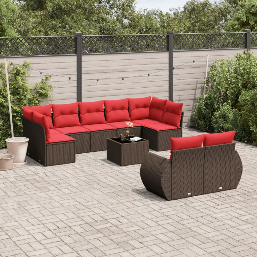 10-delige tuinbankset met kussens, bruin polyrotan