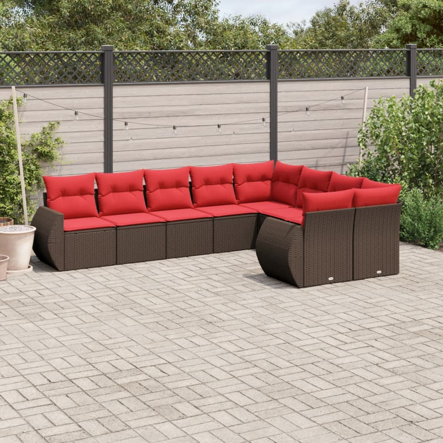 9-delige tuinbankset met kussens, bruin polyrotan