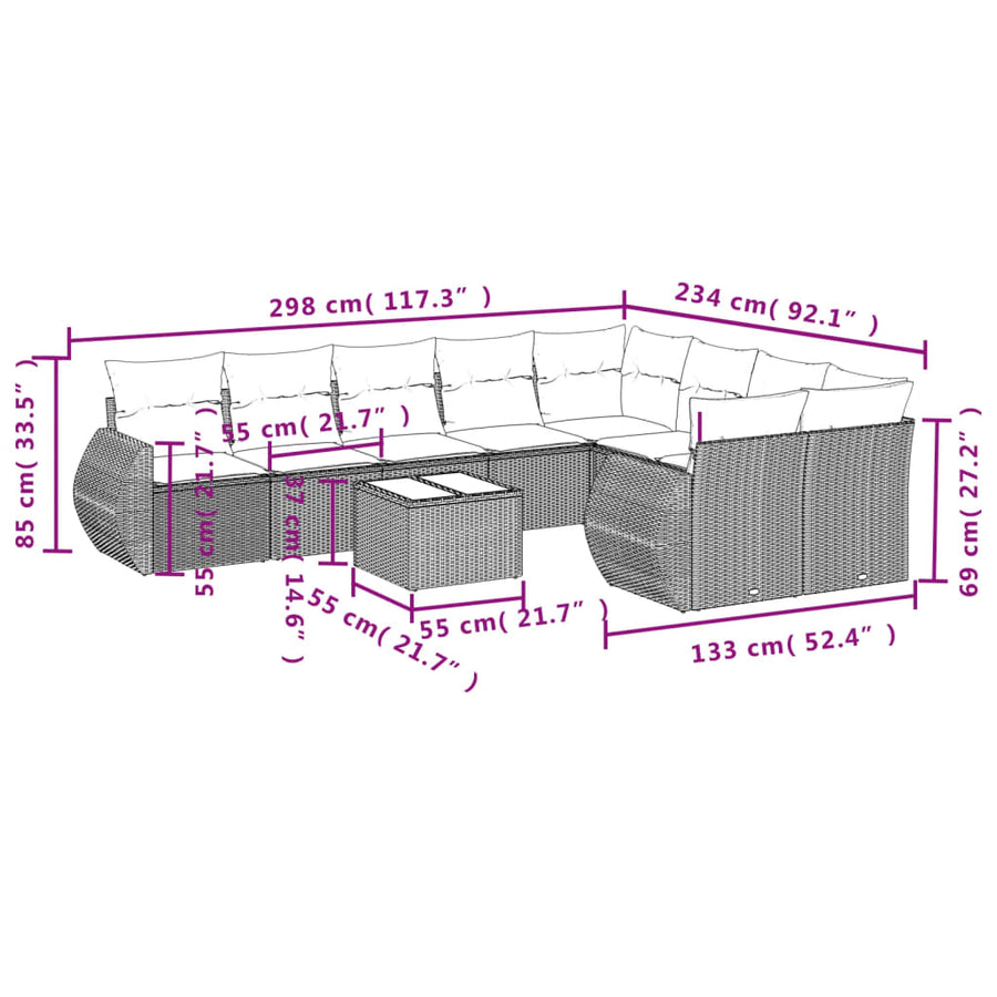 10-Delige Loungeset Met Kussens Poly Rattan Grijs