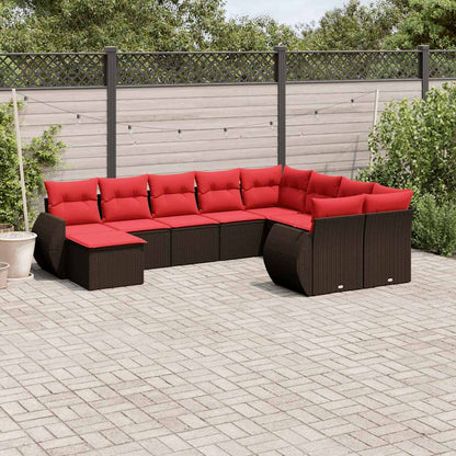 10-delige tuinbankset met kussens, bruin polyrotan