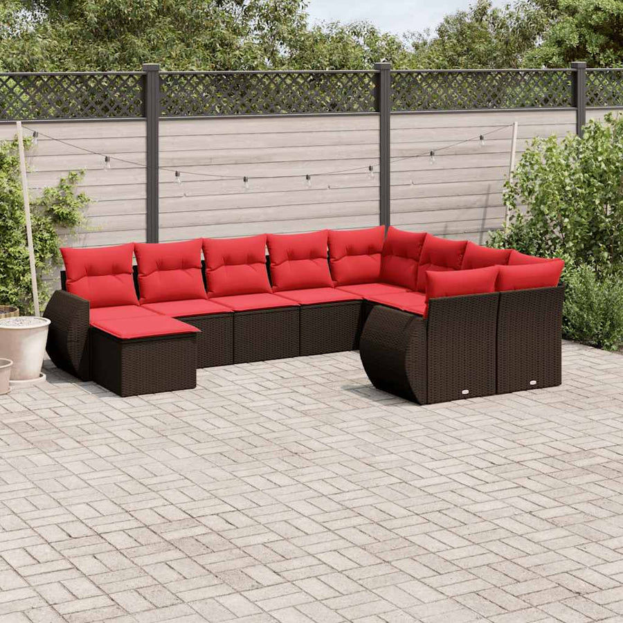 10-delige tuinbankset met kussens, bruin polyrotan