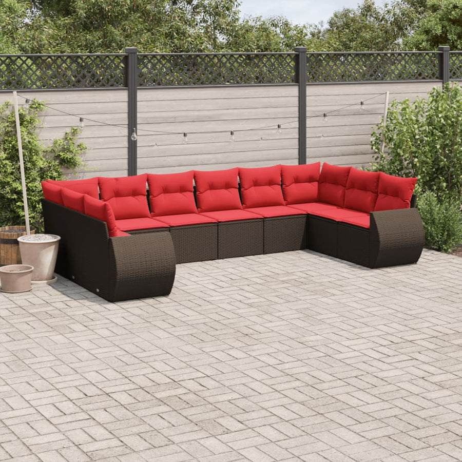 10-delige tuinbankset met kussens, bruin polyrotan