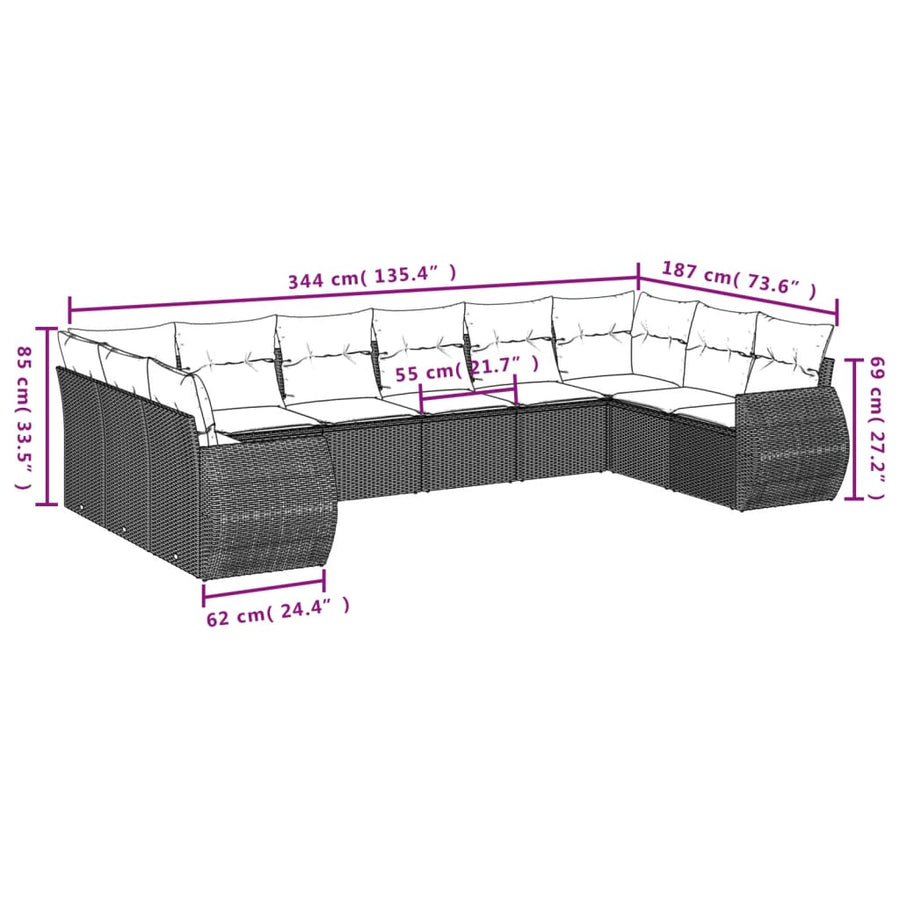 11-delige tuinbankset met kussens, zwart polyrotan