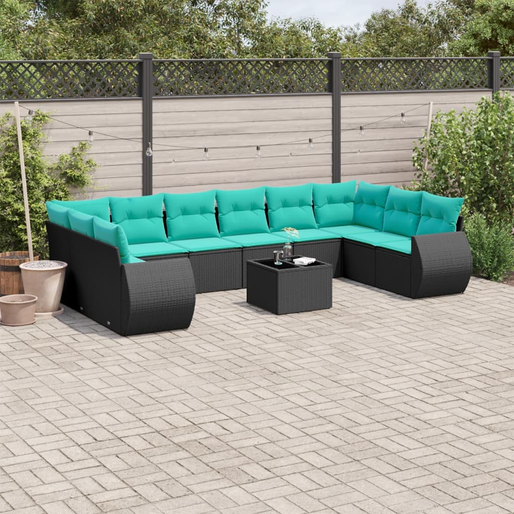11-delige tuinbankset met kussens, zwart polyrotan