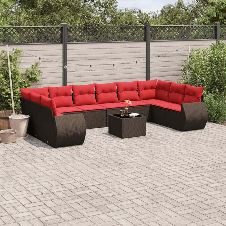 11-delige tuinbankset met kussens, bruin polyrotan