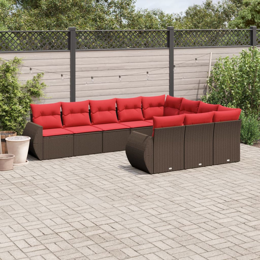 10-delige tuinbankset met kussens, bruin polyrotan