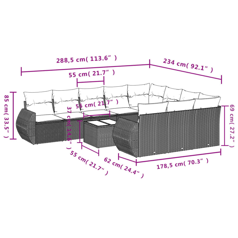 11-Delige Loungeset Met Kussens Poly Rattan Grijs