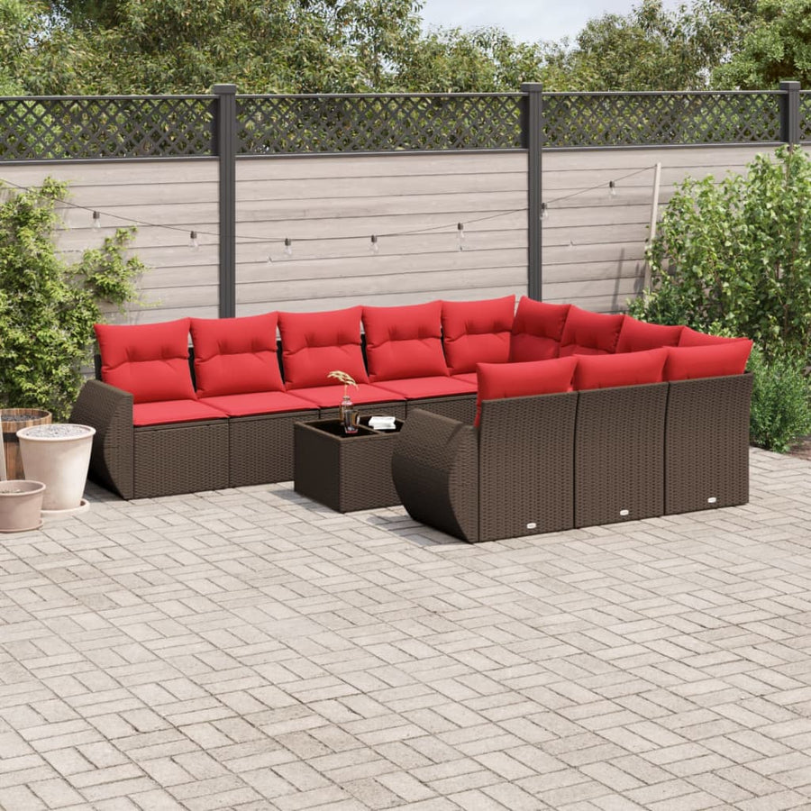 11-delige tuinbankset met kussens, bruin polyrotan