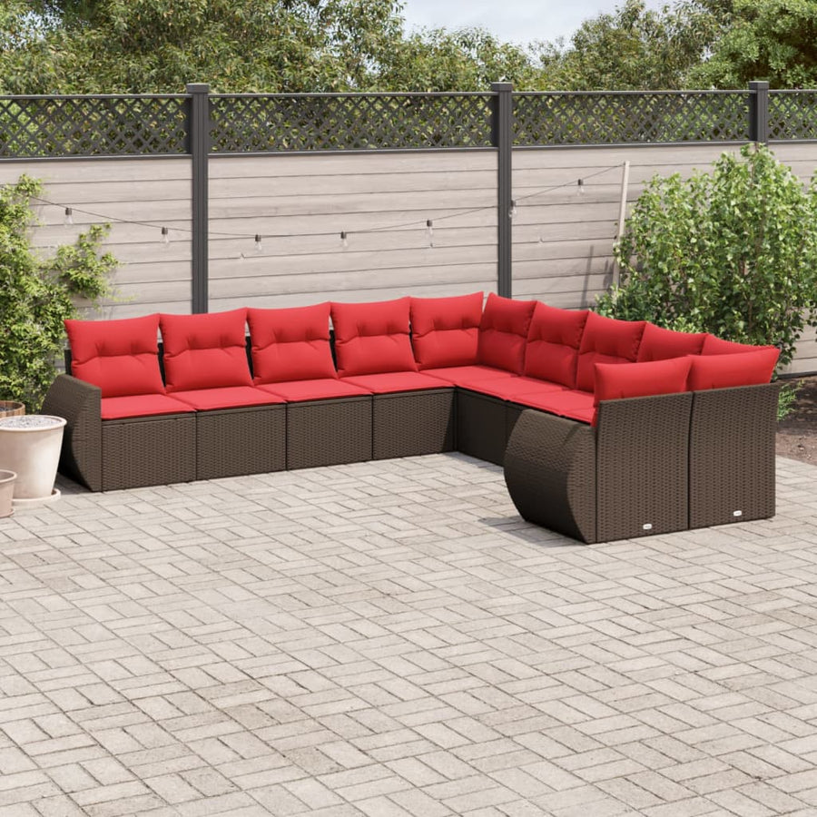 10-delige tuinbankset met kussens, bruin polyrotan