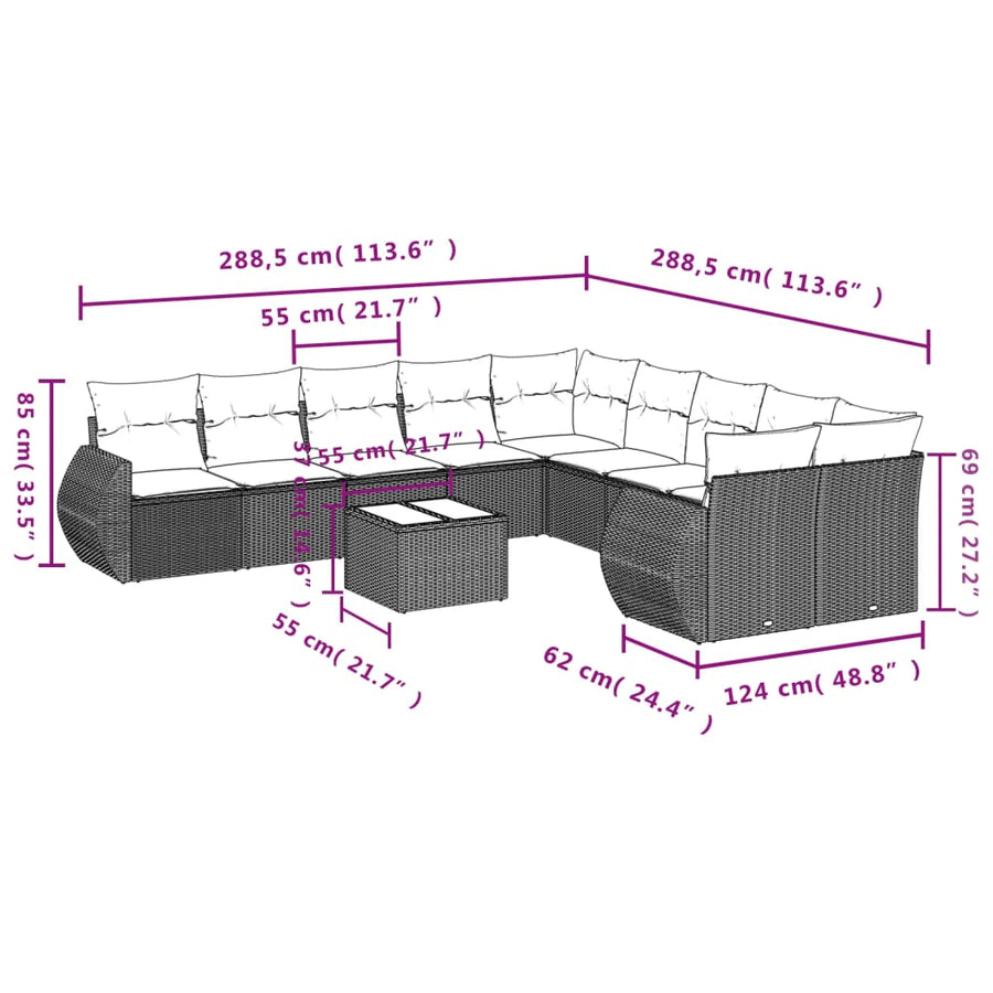 11-Delige Loungeset Met Kussens Poly Rattan Grijs
