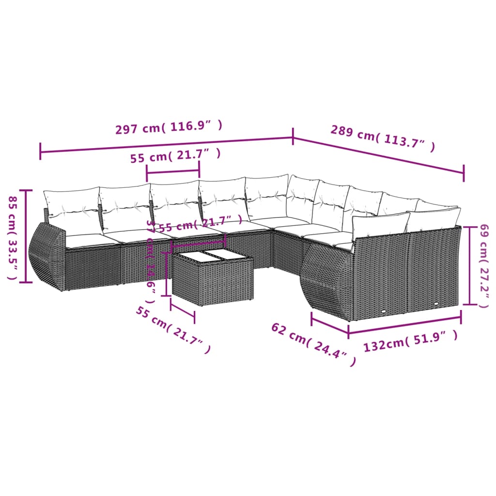 11-delige Loungeset met kussens poly rattan lichtgrijs