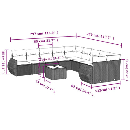 11-delige Loungeset met kussens poly rattan lichtgrijs
