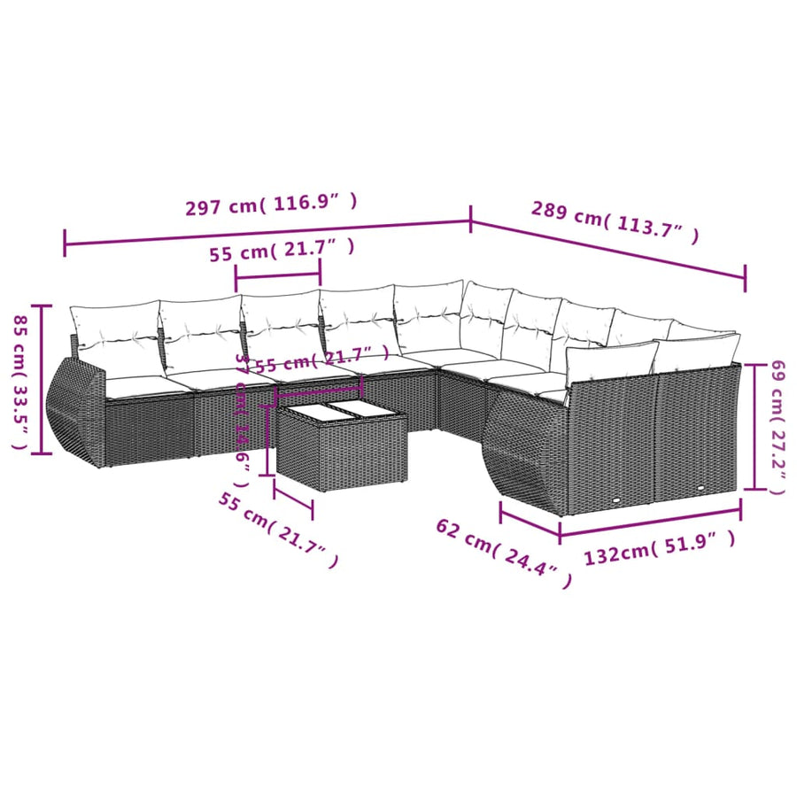 11-delige Loungeset met kussens poly rattan lichtgrijs