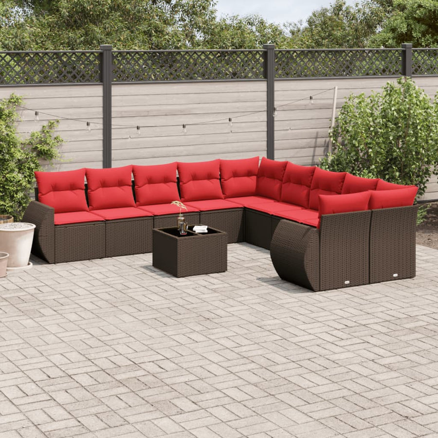 11-delige tuinbankset met kussens, bruin polyrotan