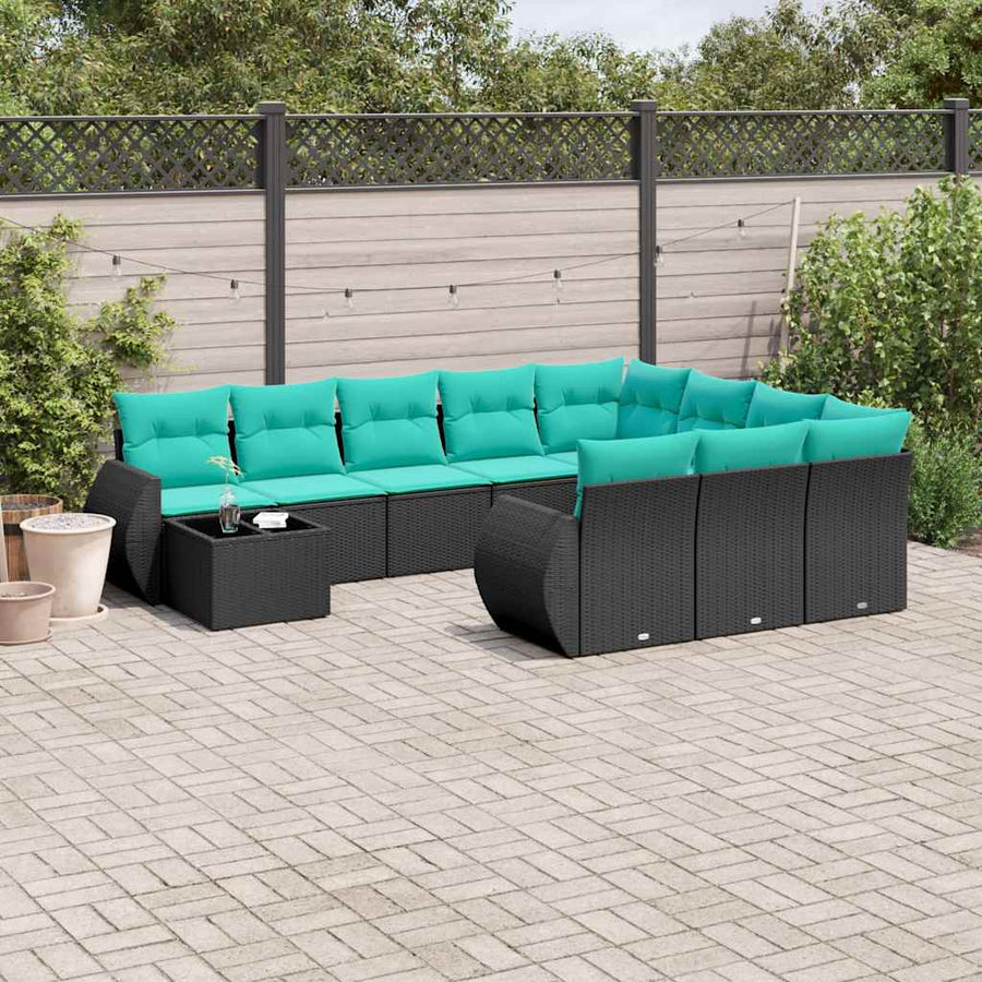 11-delige tuinbankset met kussens, zwart polyrotan