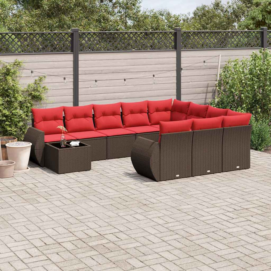 11-delige tuinbankset met kussens, bruin polyrotan