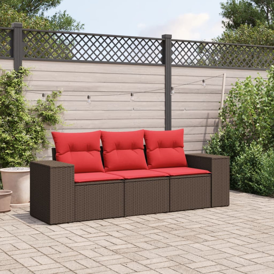 3-delige tuinbankset met kussens, bruin polyrotan