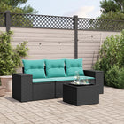 4-piece garden sofa set with cushions, black poly rattan