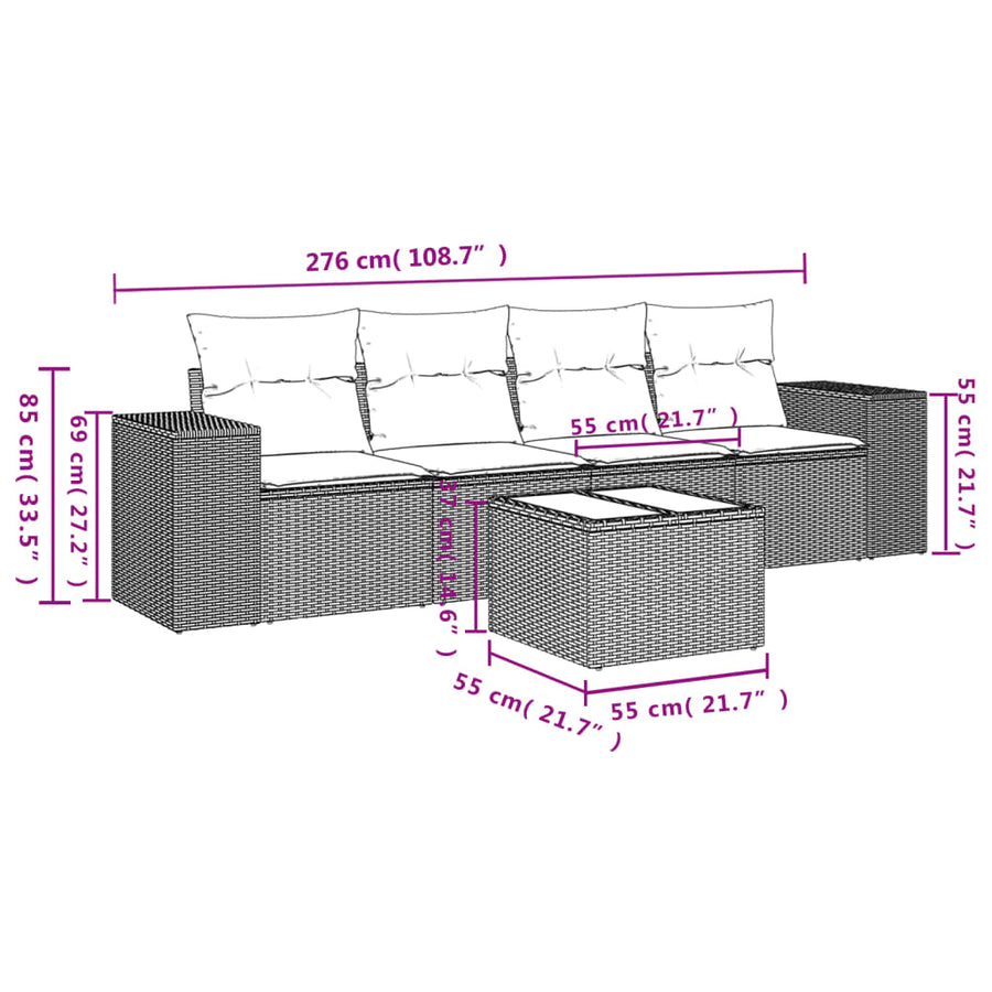 5-delige Loungeset met kussens poly rattan beige