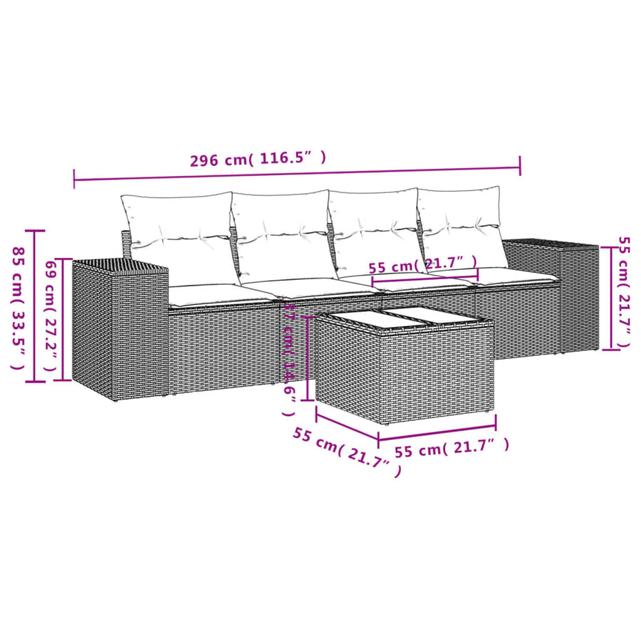 5-Delige Loungeset Met Kussens Poly Rattan Beige
