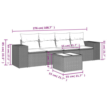 5-delige Loungeset met kussens poly rattan lichtgrijs