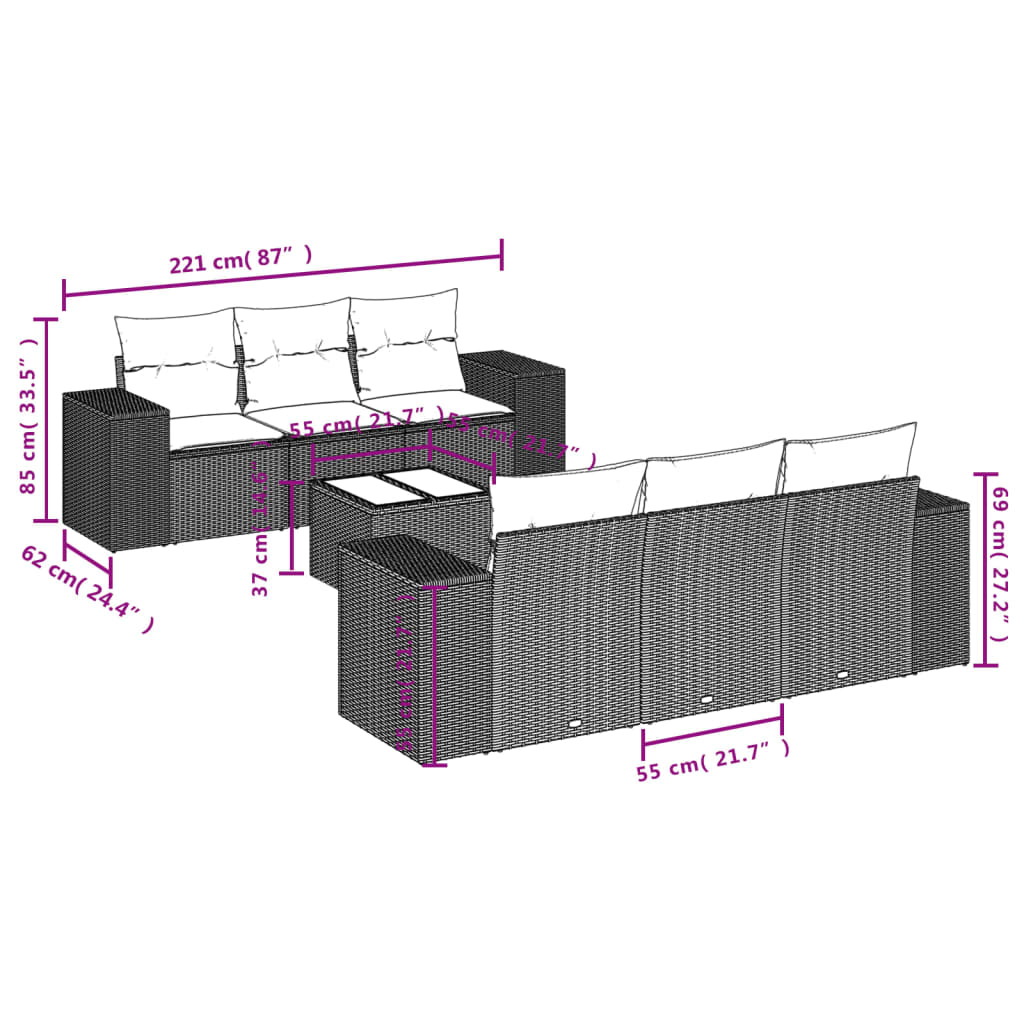 7-Delige Loungeset Met Kussens Poly Rattan Grijs