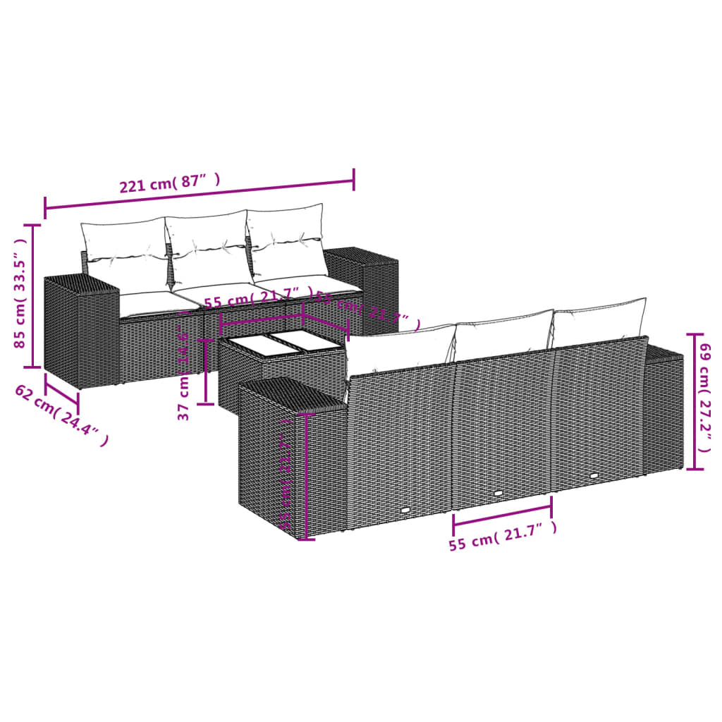 7-delige Loungeset met kussens poly rattan lichtgrijs