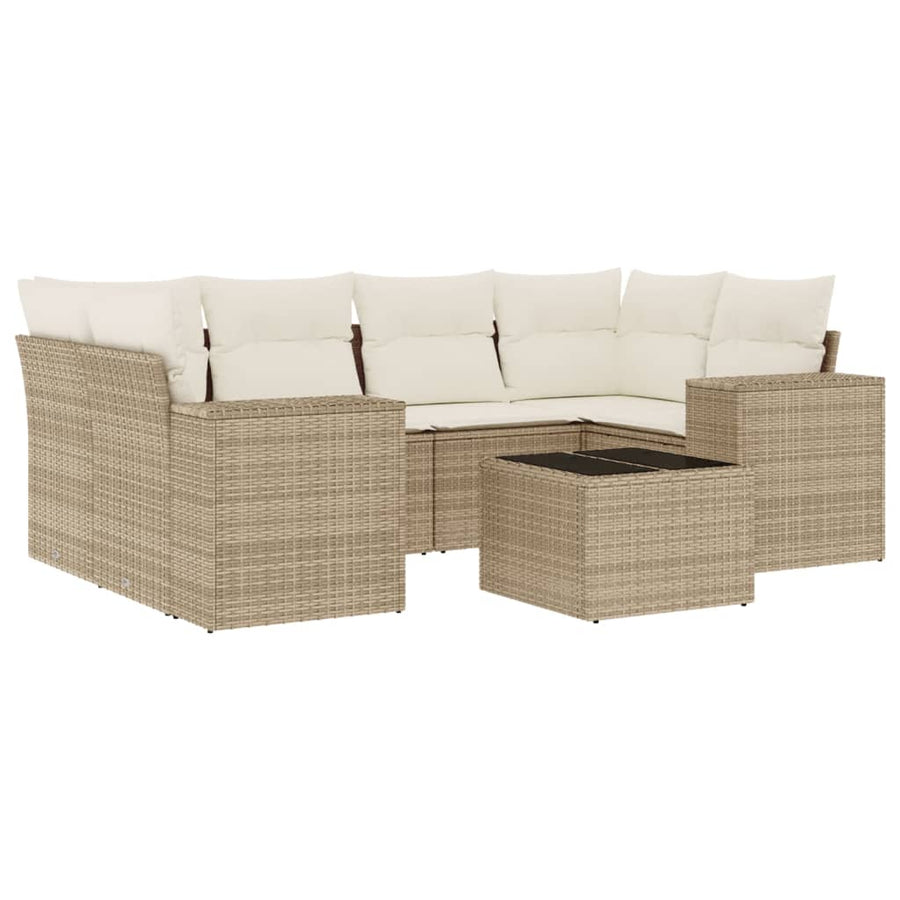 7-delige Loungeset met kussens poly rattan beige
