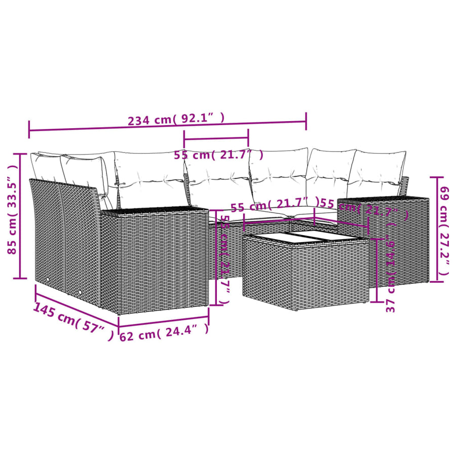 7-Delige Loungeset Met Kussens Poly Rattan Grijs