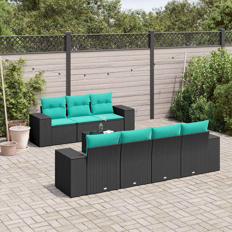8-delige tuinbankset met kussens, zwart polyrotan