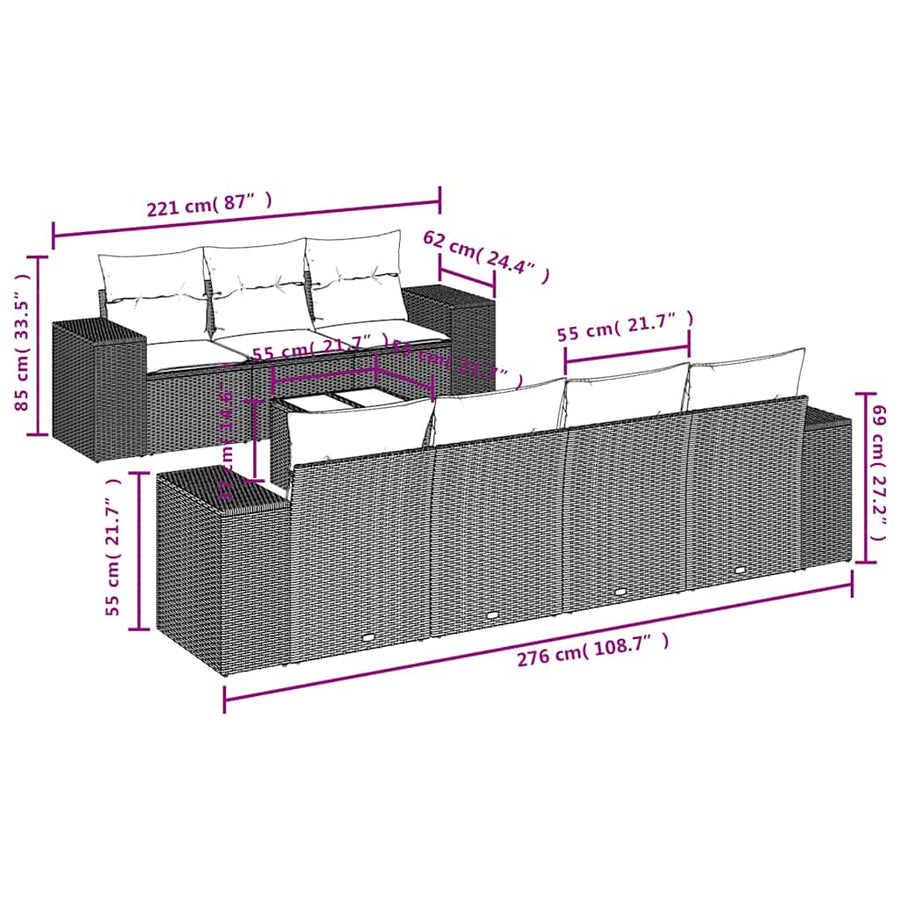 8-delige tuinbankset met kussens, bruin polyrotan