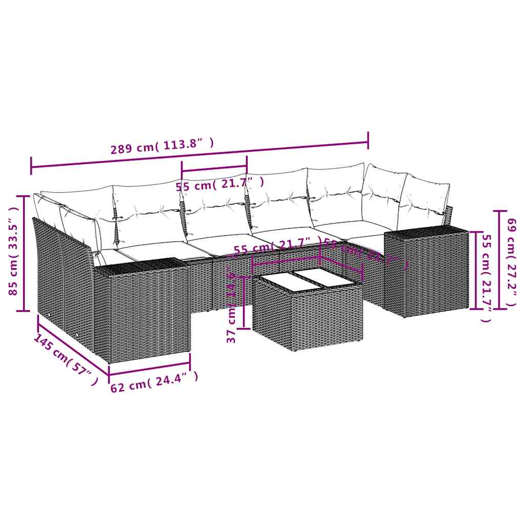 8-delige tuinbankset met kussens, zwart polyrotan