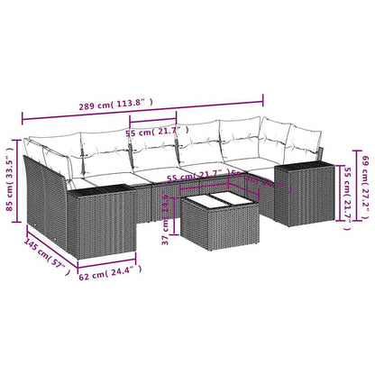 8-delige tuinbankset met kussens, zwart polyrotan
