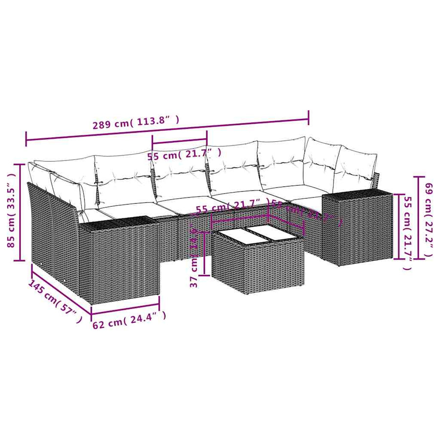 8-delige tuinbankset met kussens, zwart polyrotan