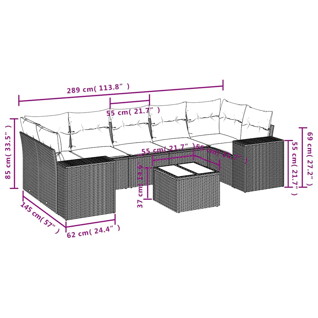 8-delige tuinbankset met kussens, grijs polyrotan