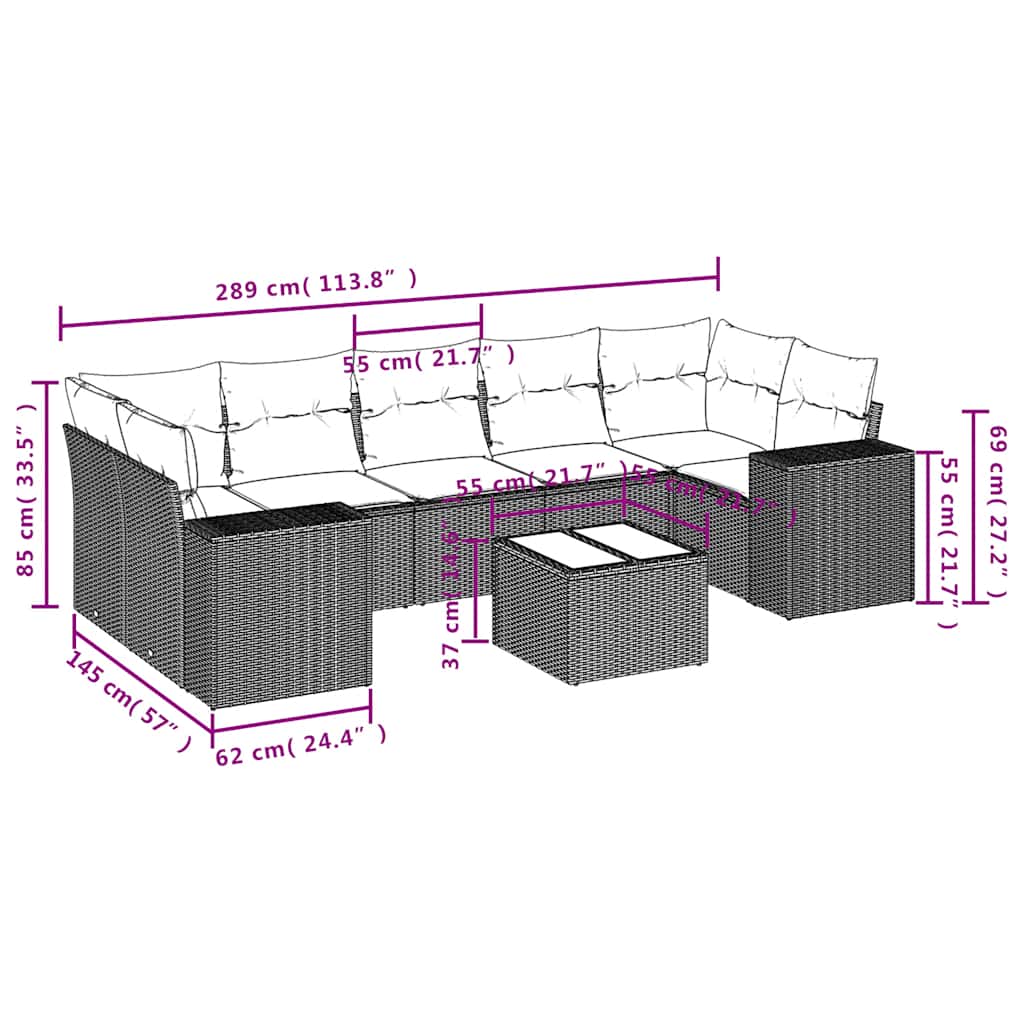 8-delige tuinbankset met kussens, bruin polyrotan