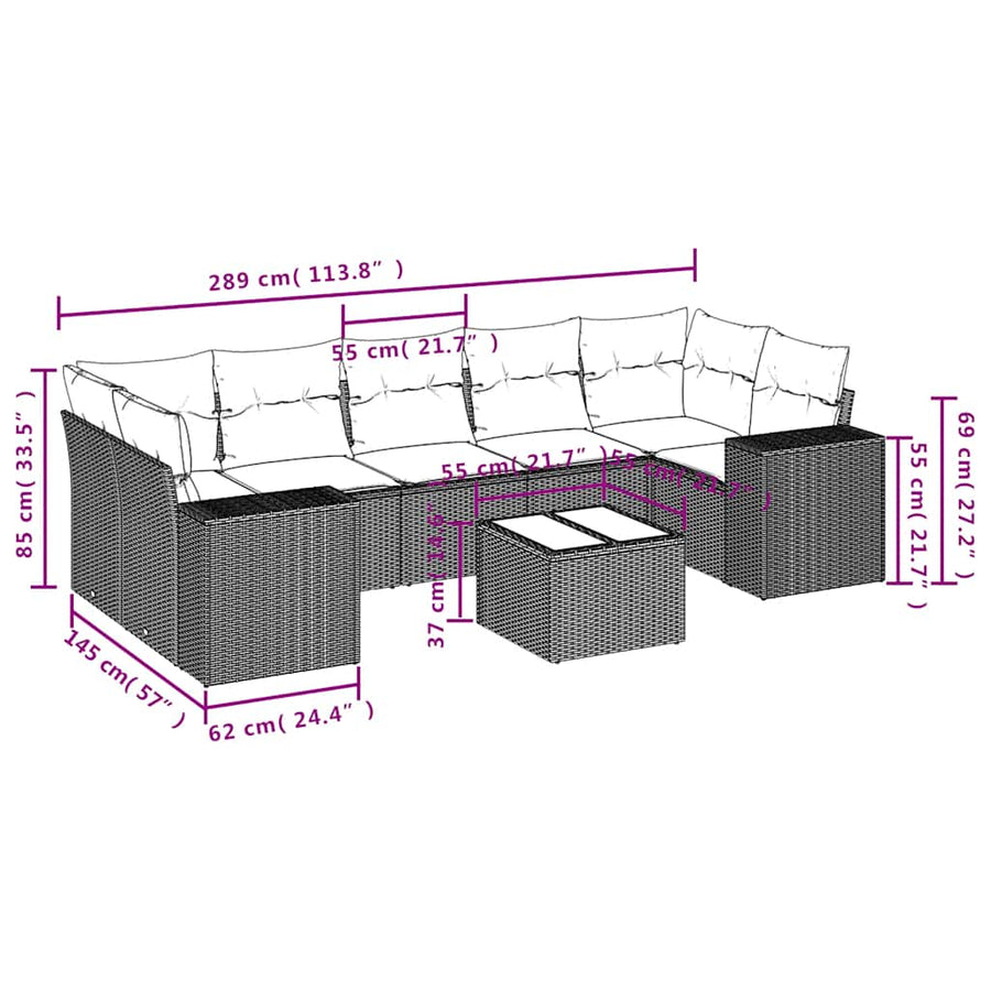 8-delige tuinbankset met kussens, bruin polyrotan