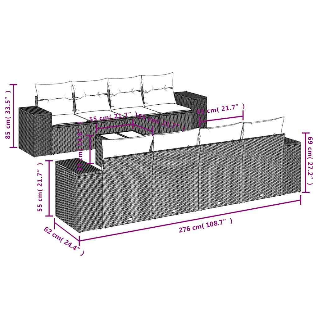 9-delige tuinbankset met kussens, grijs polyrotan