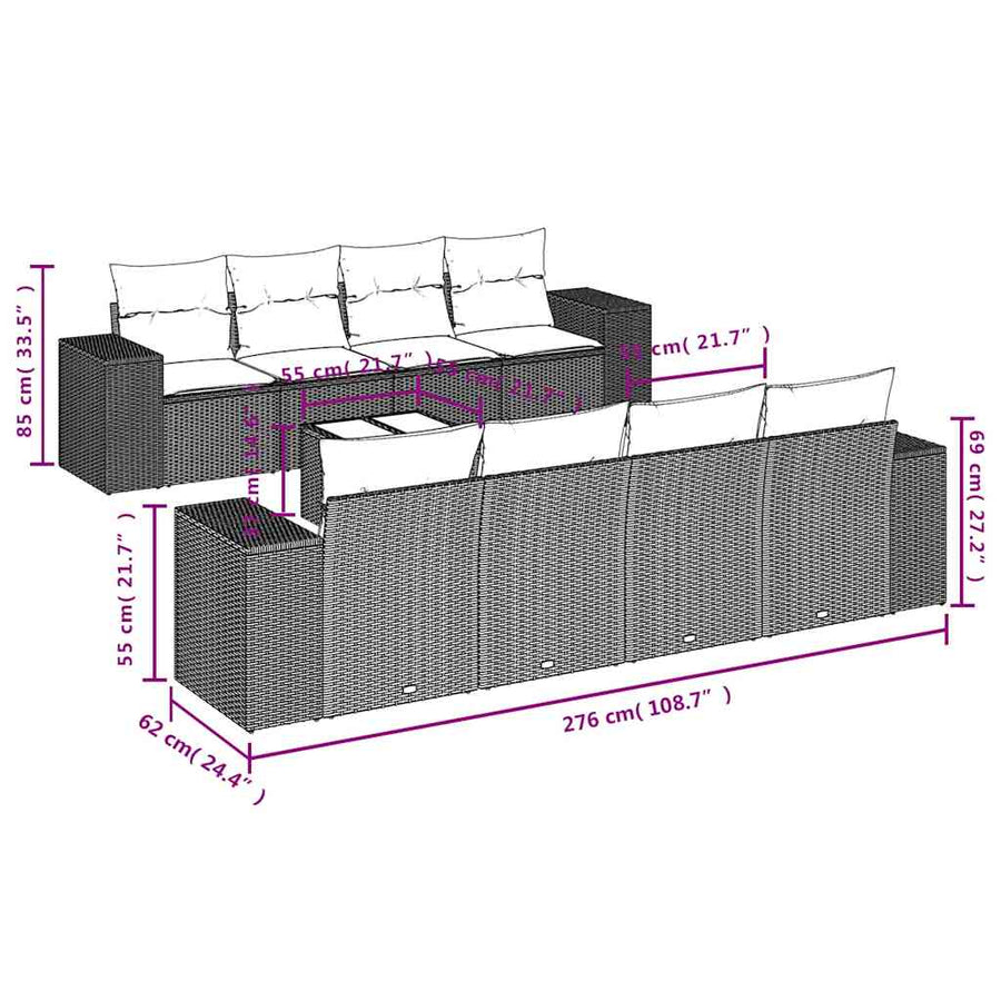 9-delige tuinbankset met kussens, grijs polyrotan