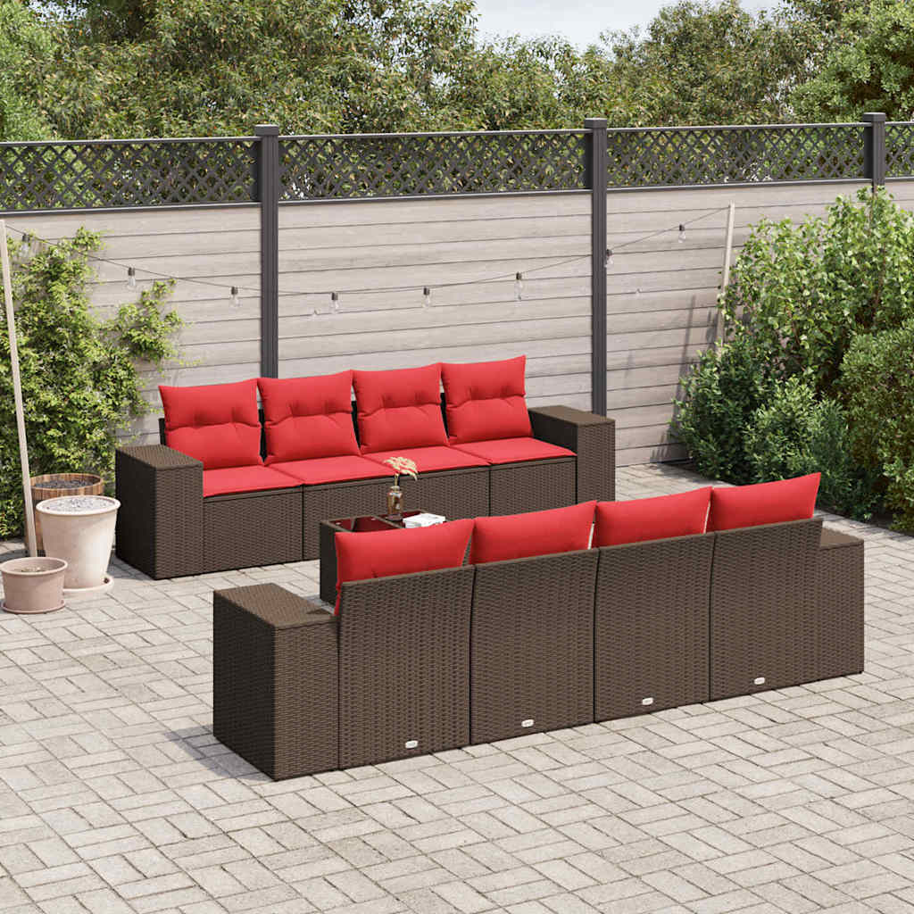 9-delige tuinbankset met kussens, bruin polyrotan