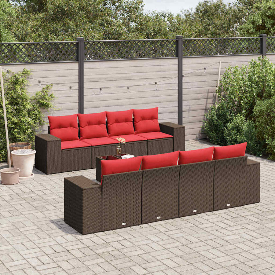 9-delige tuinbankset met kussens, bruin polyrotan