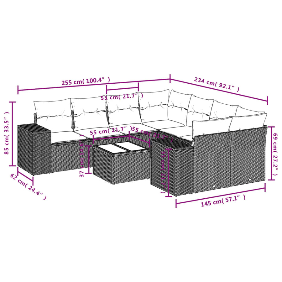 9-Delige Loungeset Met Kussens Poly Rattan Beige