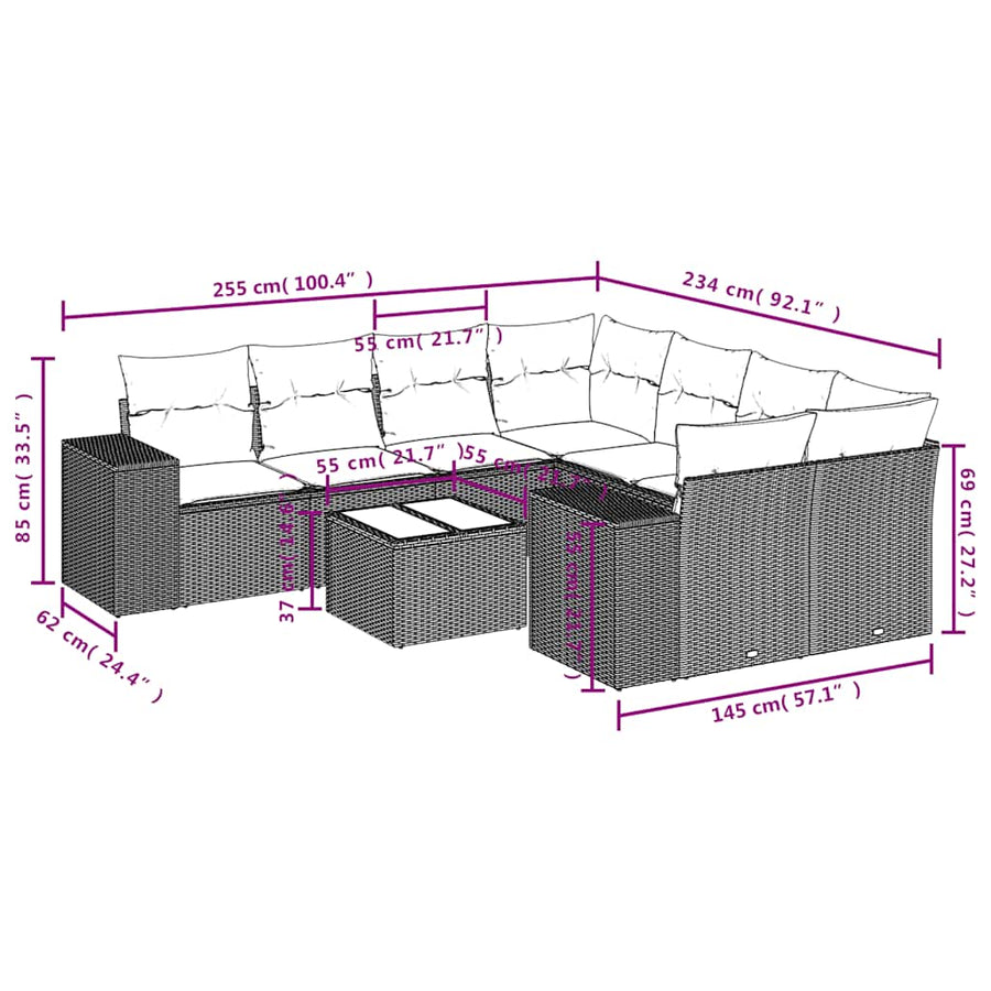 9-delige tuinbankset met kussens, grijs polyrotan